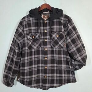Legendary Outfitters Mens Plaid Hooded Flannel Shirt Jacket Grey Black Small
